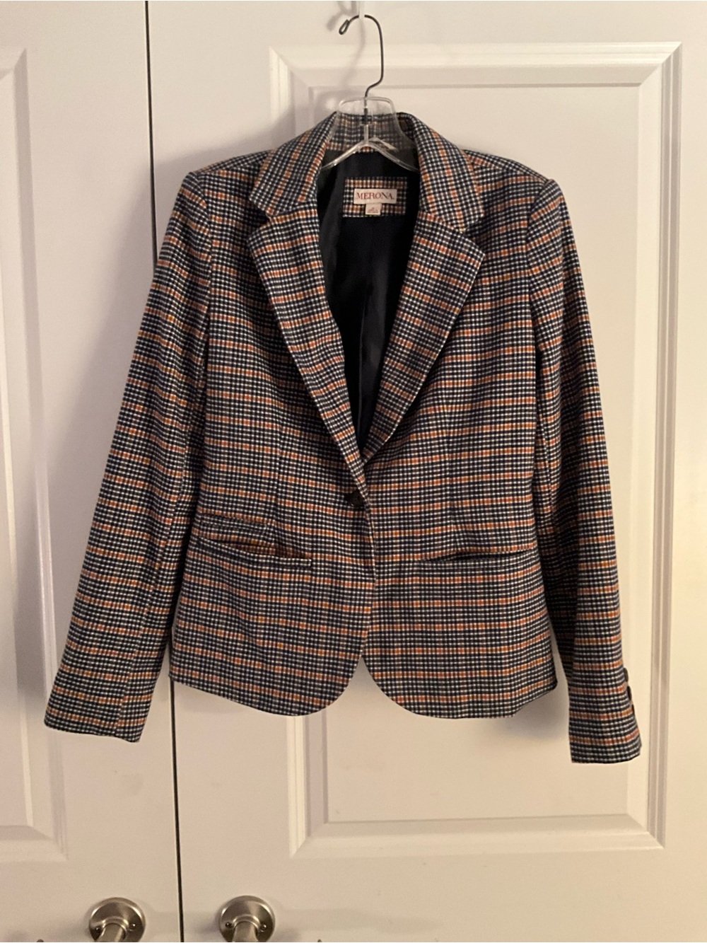 Merona Plaid Blazer in Navy and Tan with Subtle Orange size 2